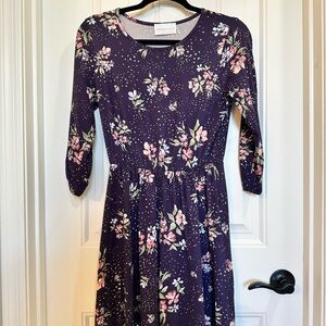 French Grey Purple Floral Dress with 3/4 Sleeves